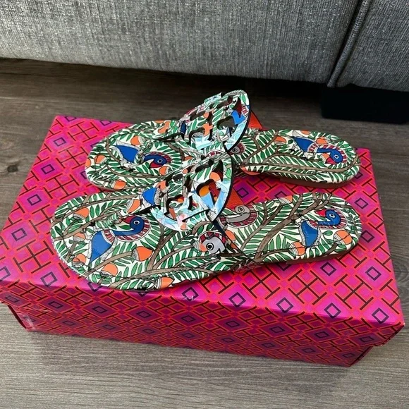 Tory Burch Miller Printed Patent Leather Sandal Orange Something Wild Size 6.5 - Picture 3 of 7